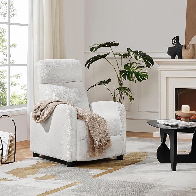 Topeakmart Boucle Recliner Sofa Push Back Recliner Chair Adjustable Modern Single Reclining Chair Upholstered Sofa with Pocket Spring Living Room Bedroom Home Theater White