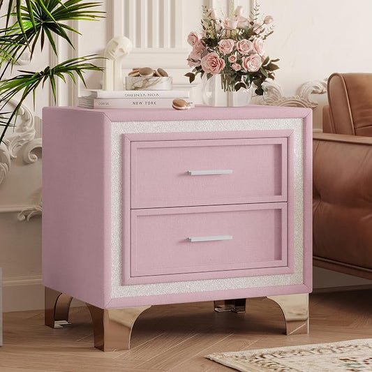 Bellemave 2-Drawer Nightstand with Silver Glitter Strip Decor and Metal Legs, Vintage Upholstered Nightstand, Velvet Bedside Table for Bedroom (Pink) by Bellemave