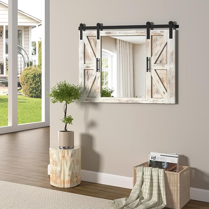 COGOOD Farmhouse Barn Door Mirror - 37" x 26" Rustic Wood Framed Mirror Wall Decor for Dining Room, Bathroom, Living Room, Bedroom Decorative, Rustic White - Image 3