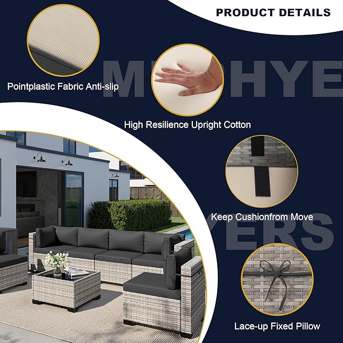 14-Piece Outdoor Patio Furniture Set, PE Wicker Rattan Sectional Sofa Conversation Set with Tempered Glass Table & Thick Cushions - All-Weather Garden, Backyard Furniture, Dark Grey