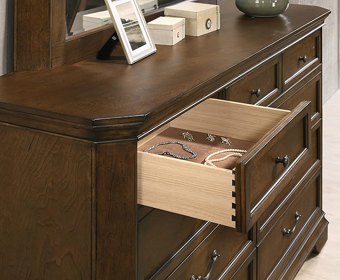 Roundhill Furniture Maderne Traditional Wood Panel Bed with Dresser, Mirror, Two Nightstands, Chest, King, Antique Walnut Finish