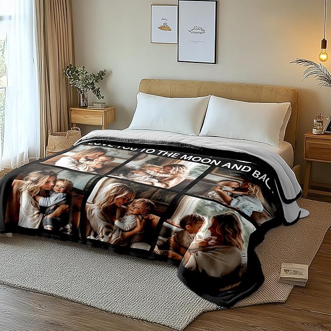 Personalized Mother's Day Blanket Gifts for Mom from Daughter Son, Best Mom Ever Custom Blanket with Pictures Text, Personalized Mother's Day Birthday Gifts for Wife from Husband