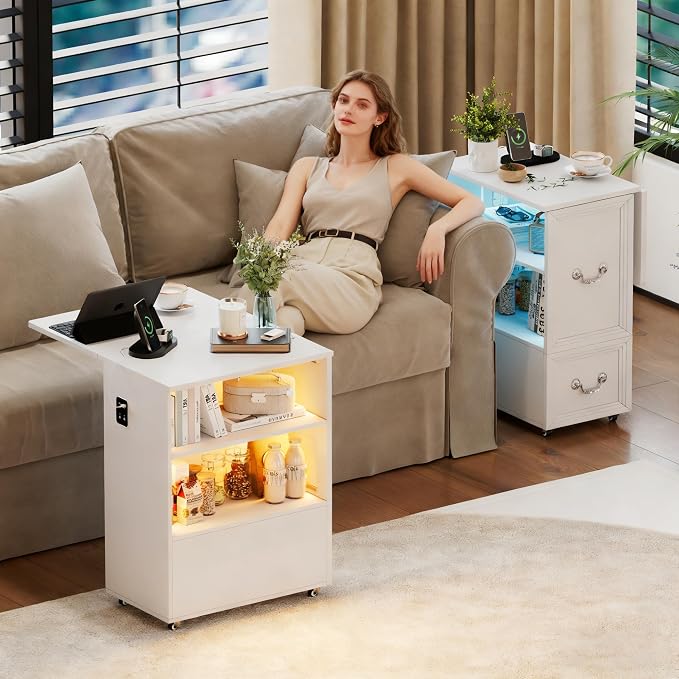 Lareth Side Table with Charging Station and Led Lights, Foldable Narrow End Table with Drawers and Bookshlef, Rolling Tall Nightstand for Small Space, Living Room (White-1pcs) - Image 9