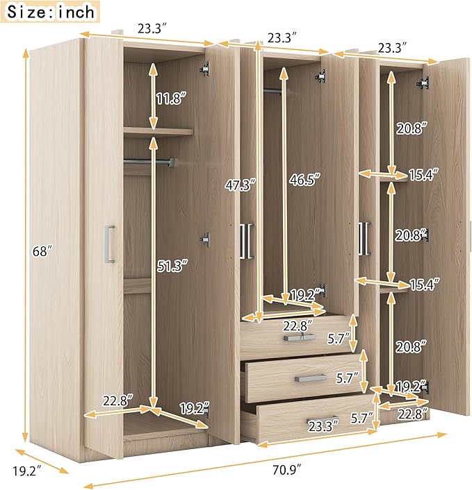Merax 6 Doors Wardrobe Clothes Organizer, Wooden Armoire Wardrobe Closet with Three Big Drawers with Locker, Hanging Rail and Shelves for Home Room, Bedroom, Natural