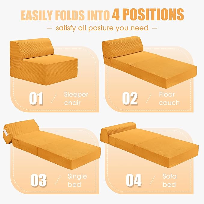 Folding Sofa Bed with Pillow, Memory Foam Fold Out Chair Bed, Convertible Sleeper Chair with Washable Cover, Futon Floor Couch for Living Room/Dorm/Guest Use/Home Office/Apartment,Orange