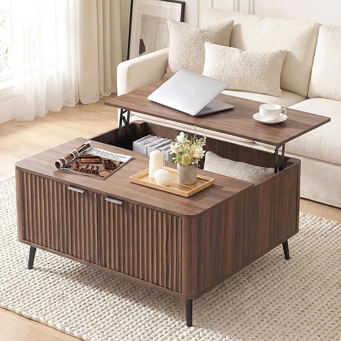 Lift Top Coffee Table with Large Hidden Compartment, 35.4" Wide Square Coffee Table with Storage, Mid Century Modern Fluted Center Table for Home Living Room, Brown