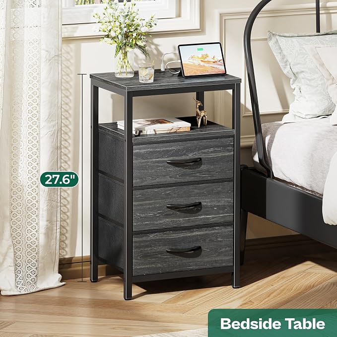 Huuger Nightstand with Charging Station, 27.6 Inch End Table Bedside Table with USB Ports and Outlets, Night Stand for Bedroom, Fabric Drawers, Charcoal Black Wood Grain Print - Image 3