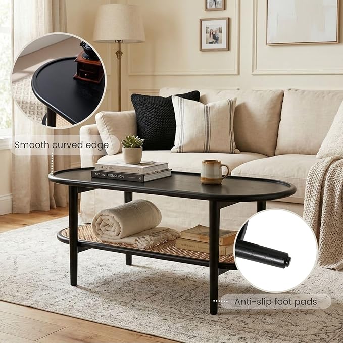 Black 2-Tier Oval Coffee Table with Rattan Storage Shelf, Modern Boho Cane Wicker Coffee Table for Living Room, Minimalist Wooden Accent Table for Entryway