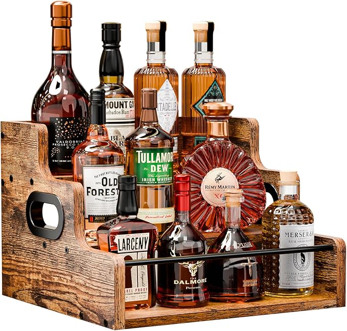 KLM Liquor Bottle Display Shelf, Coffee Syrup Rack Organizer, 3 Step Countertop Liquor Wine Rack, mini bar,liquor cabinet, Home Retro Bar Shelf Stand for Liquor Whiskey, Spirits by KLM