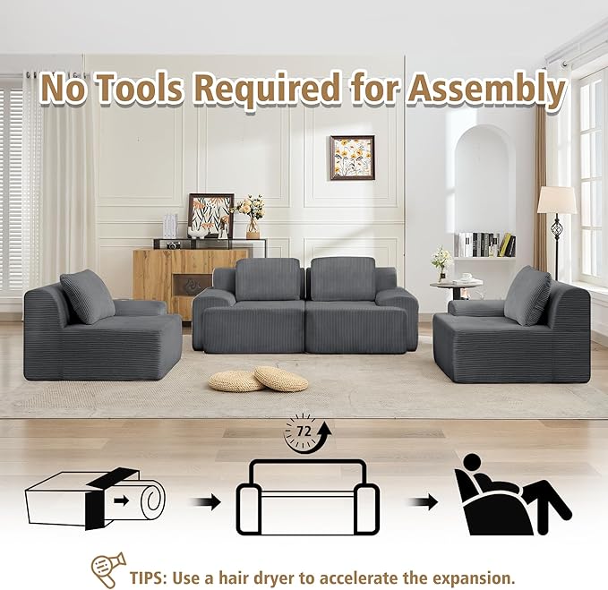 KIGOTY Modular Sectional Sofa, 4 PCS Comfy Cloud Sectional Couch with Deep Seat, Corner Sofas, Modern Boneless Couch for Living Room, No Assembly Required,Grey