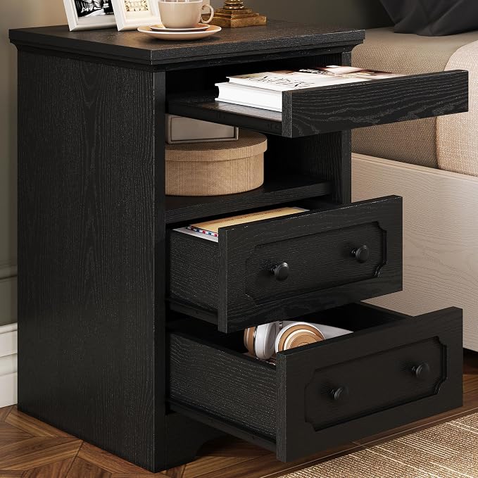LIKIMIO Night Stand, Modern Bedside Table with 2 Drawers, Open Shelf, End Table with Pull-Out Tray, Wood SideTable, Black by LIKIMIO