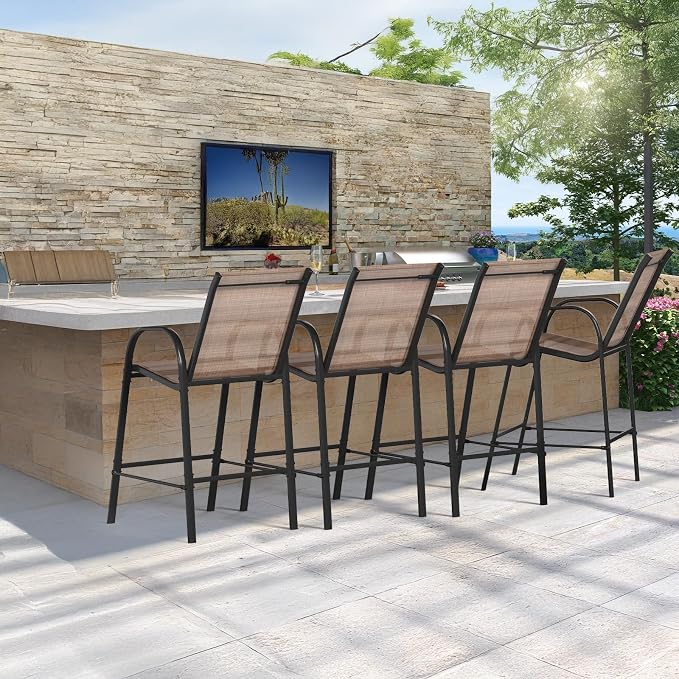 HOMREST Outdoor Bar Height Stools Set of 4,High Back Patio Chairs with Armrests,Textilene Chairs with Breathable Fabric & Metal Frame for All Weather,Brown - Image 2