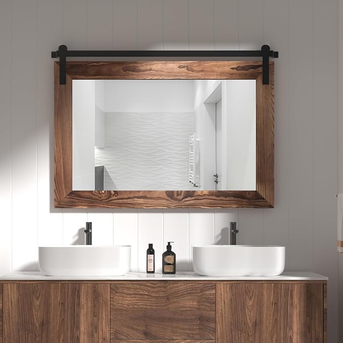 COGOOD Farmhouse Bathroom Mirror - 41" x 30" Rustic Barn Door Mirror for Living Room, Entryway, Bedroom, Vanity Wall Decor (Brown) - Image 3