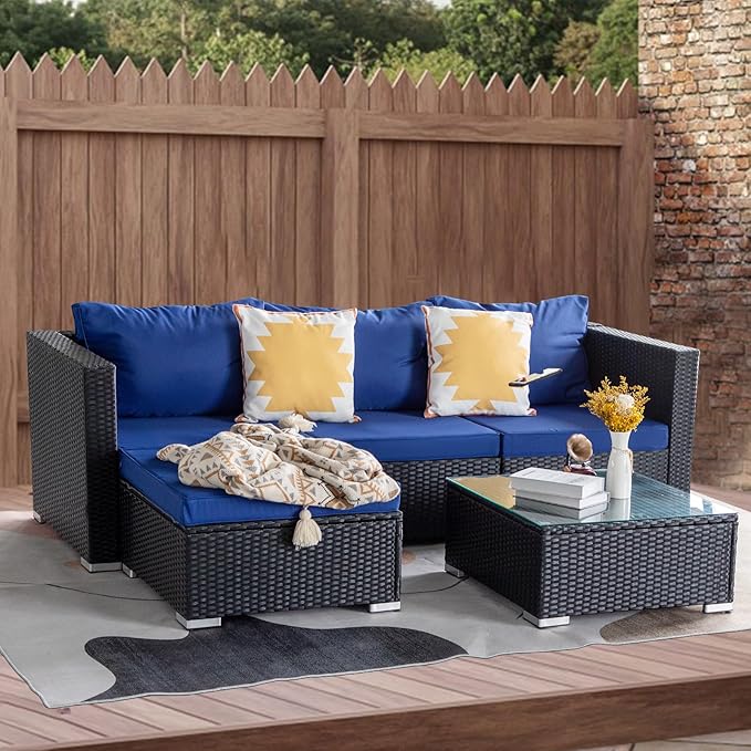5 Piece Rattan Patio Furniture Set, Outdoor Patio Conversation Set with Table,Soft Cushion and Backrest,Modern Chairs and Table Sets,Outdoor Furniture for Porch, Garden, Lawn,Black/Blue