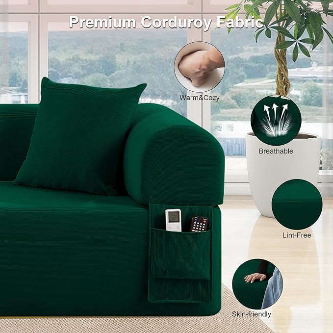 83'' Boneless Sofa in A Box, 3-Seater Floor Sofa No Assembly Corduroy Couch for Living Room, Cloud Couch with 2 Pillows & Storage Bag, Memory Foam Small Floor Couches for Office, Dark Green