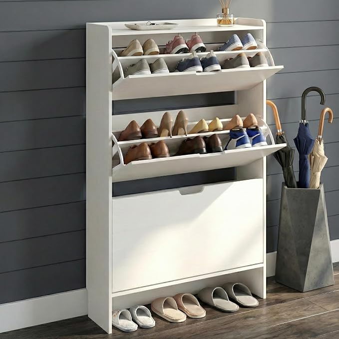52" Tall Slim Shoe Cabinet, 3-Drawer Flip Down Hidden Shoe Storage with Top Fence & Open Bottom Shelf, Ultra-Thin Narrow Shoe Rack, White Wood Grain by RIHHA