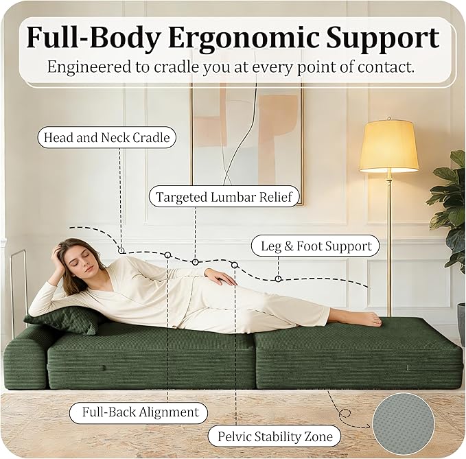 31.5'' Convertible Compressed Corduroy Folding Cloud Sofa Bed Set of 2, 2 Pieces Modern Boneless Pull Out Sleeper Sofa Couch, 3 in 1 Portable Lazy Floor Lounge Chair Set, No Assembly Needed, Green