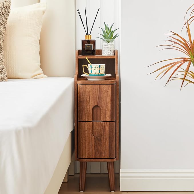Narrow End Table Living Room, Wooden Small 2 Drawer Nightstand Bedroom, Thin Couch Side End Table, Vintage Skinny Bedside Table Small Spaces, Mid Century Modern Night Stand with Drawers (Walnut-1 pc) - Image 8