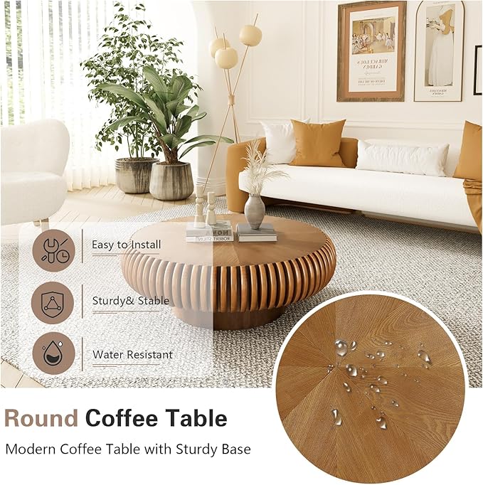 Round Drum Coffee Table Modern Unique Circle Drum Coffee Tables Mid Century Coffee Table with Sturdy Pedestal Fluted Tea Table for Living Room Office Small Space(Brown 31.5in)