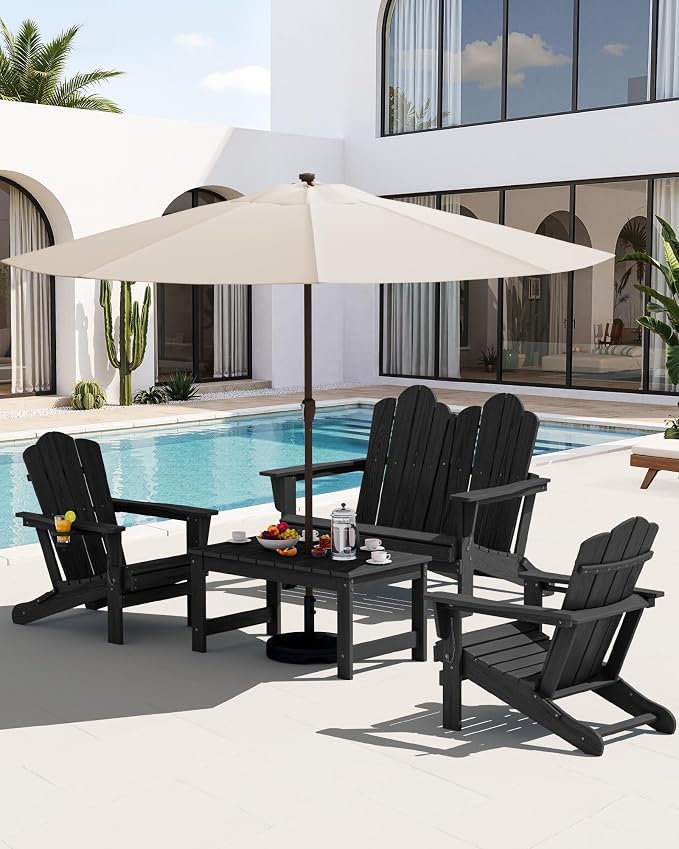 SERWALL Outdoor Coffee Table with 9FT Umbrella, HDPE Patio Coffee Table for Outside, Rectangle, Black(Not Include Umbrella Base) - Image 9