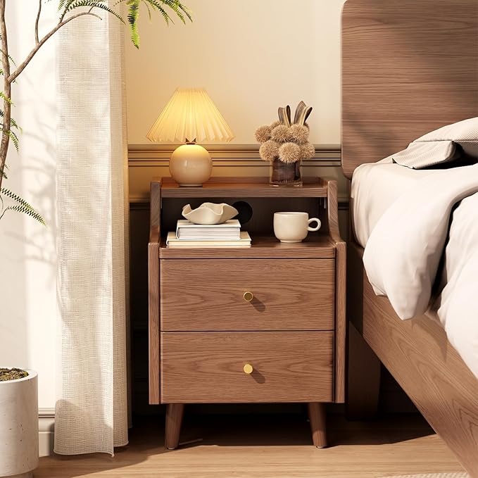 Narrow Nightstand with 2 Drawers,Walnut Nightstand,Bedside Table,Solid Wood Modern Bedside Table for Bedroom,Study,Toilet by AQIMUELE