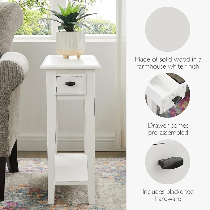 Leick Home Haven Ridge Narrow End Table, Solid Wood, with Drawer and Shelf, for Living Room and Small Spaces, Farmhouse White, 214361