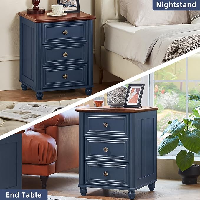 RWYHG 18" Farmhouse Night Stand Set of 2, Blue Wood Nightstand with 3 Drawers, Bedside End Table with Storage and Roman Column, Bed Side Tables Cabinet for Bedroom, Living Room, and Closet - Image 6