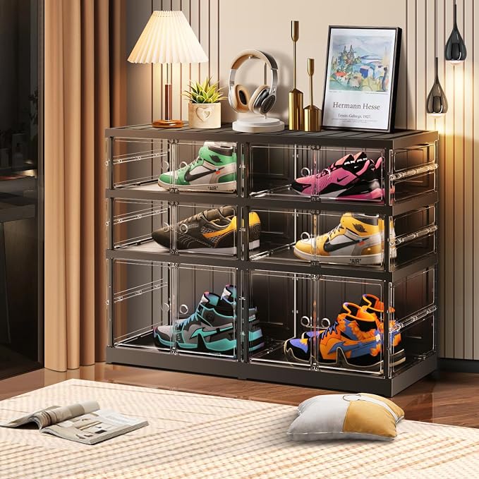 CIMLORD 3 Tier Foldable Shoe Rack for Closet Entryway 6-12 Pairs Stackable Clear Shoe Storage Boxes with Lids Shoes Shelf with Door Plastic Organizer Cabinet Easy Assembly Black - Image 5