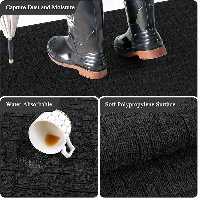 Ileading Indoor Door Mat 2x3ft, Absorbent Dog Muddy Paws Mats, Low-Profile Entrance Small Runner Carpet with Non-Slip Rubber Backing, Washable Inside Welcome Mat for Hallway,Entryway,Kitchen(Black) - Image 4