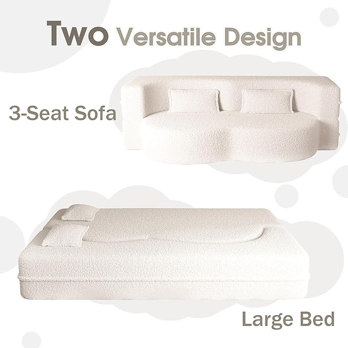 78" Convertible Sofa Bed, 2-in-1 Folding Floor Couch with 2 Pillows, Sleeper Sofa for Living Room and Bedroom, No Assembly Required (Beige, Teddy Fabric)