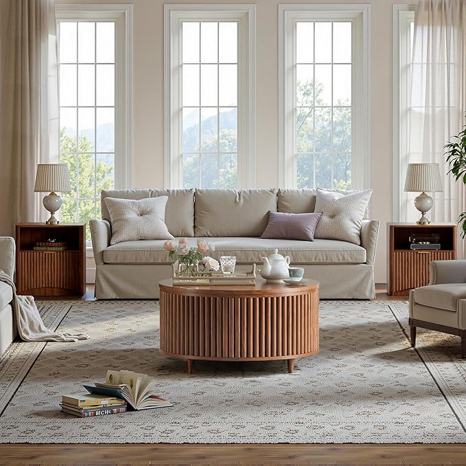 Evermagin 31.5'' Walnut Round Coffee Table, Fluted Lift Top Coffee Table with Large Storage, Mid Century Modern Small Center Table for Living Room