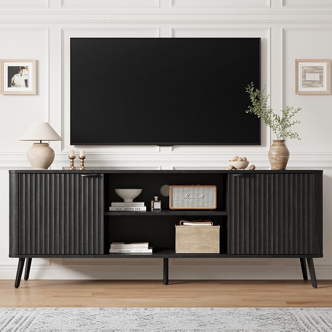 Fatmok TV Stand, 58" Modern Media TV Console Table with Storage for 55/60/65 inch TV, Mid Century Entertainment Center with Fluted Door Cabinets and Open Shelves TV Cabinet for Living Room, Bedroom by Fatmok