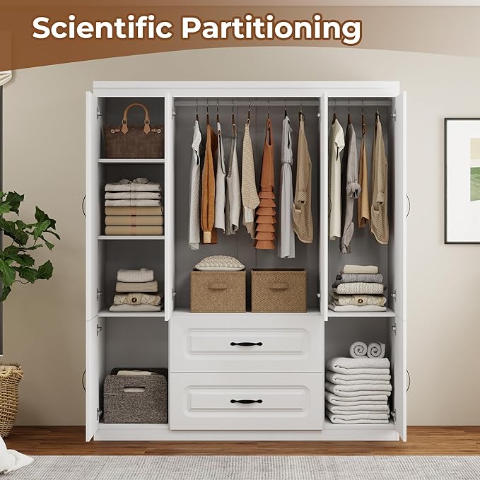 Armoire Wardrobe Closet with 2 Doors, White Cabinet with 2 Drawers and Clothes Storage Organizer, Modern Style with Hanging Rod Shleves Suitable for Bedroom(61.42" W x 20.47" D x 74" H)