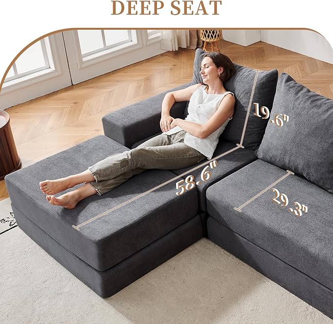 108'' Modular Sectional Couch, Modern 3-Seater Boneless Cloud Sleeper Sofa, L-Shaped Convertible Sectional with Non-Slip Bottom, No Assembly Required, Deep Seats Couch for Living Room, Grey