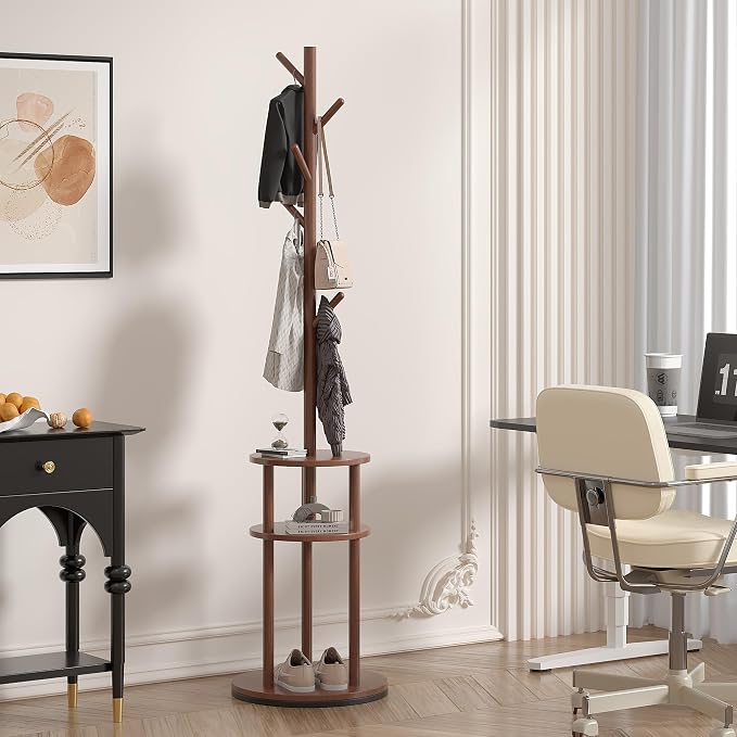 VECELO Coat Rack Freestanding, Entryway Hanger Stand, Umbrella Holder, Hall Tree With Hooks, Floor Standing Metal Tree Stand,Walnut - Image 3