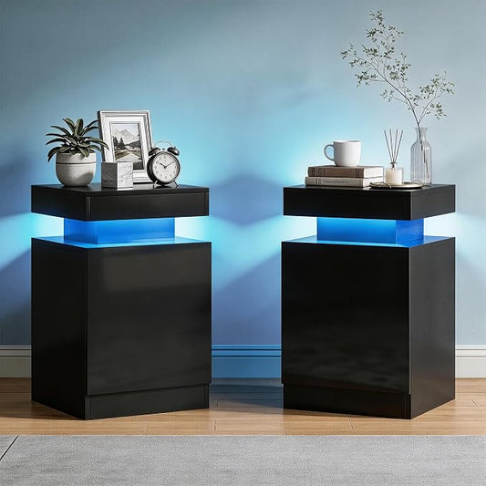 MXV Nightstands Set 2, 15 Inches LED Night Stand Set of 2, Modern Bedside Table, High Gloss Surface, End Table with Storage for Bedroom, Black by Unknown