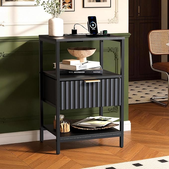 Bonnlo Fluted Nightstand with Charging Station, End Table with Fabric Drawer, Night Stand with Storage Shelf & Handle, Fluted Side Table for Bedroom/Living Room, Black by Bonnlo