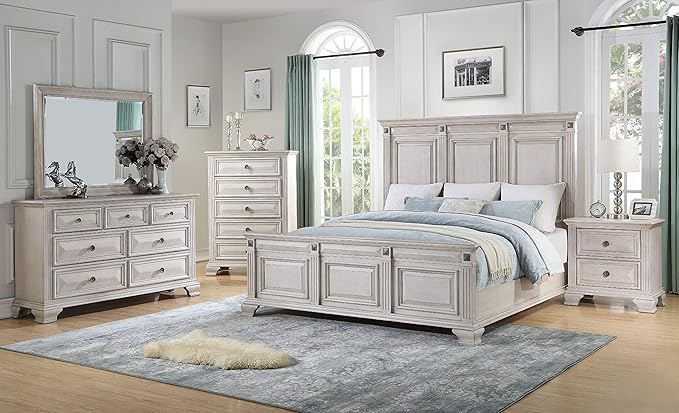 Roundhill Furniture Renova Distressed Parchment Wood Bedroom Set, King Panel Bed, Dresser, Mirror, Nightstand, Chest