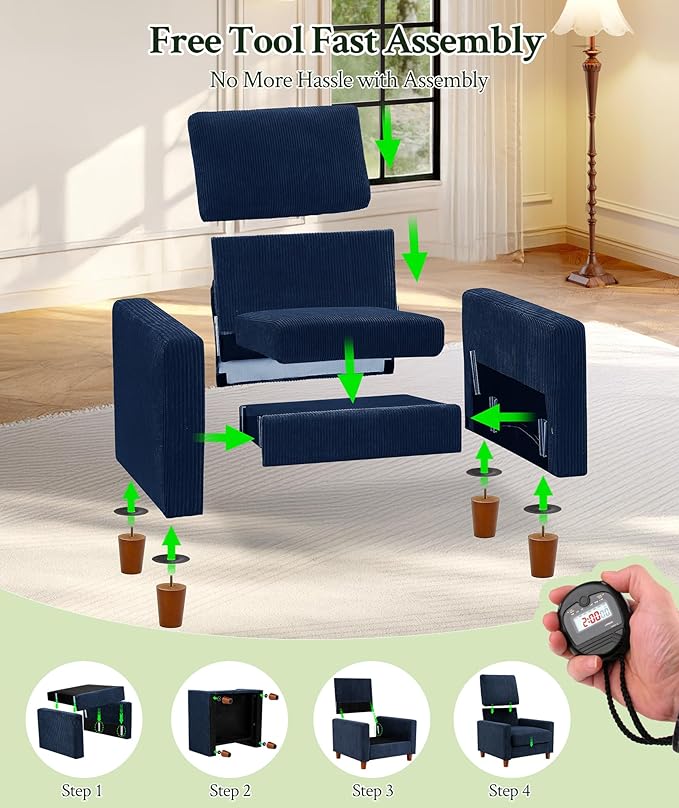 35.3" Couches for Living Room, Comfy Blue Couch Single with 22.5" Deeper Seat, Accent Chair Tool-Free Setup, Reading Chair 440lbs Support, Corduroy Couch for Bedroom, Apartment, Office