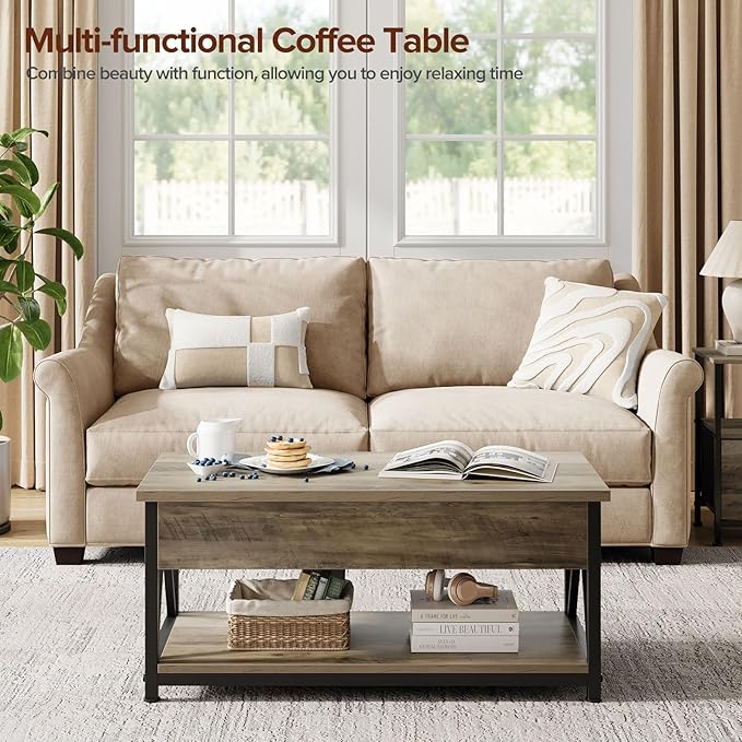 Lift Top Coffee Table,Lift Coffee Tables with Storage Shelf and Large Hidden Compartment for Living Room,Lift Tabletop Dining Center Table for Small Space, Grey