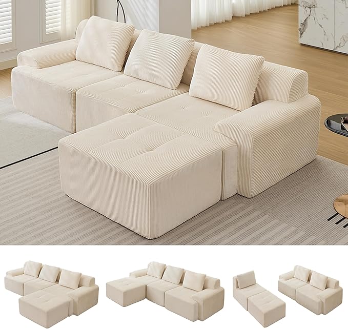 Modular Sectional Sofa, 6 Seat Modular Couch, Modular Sofa with Deep Seat and Detachable Pillow (White, 4 Pieces-L Shape)