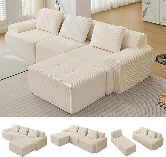 Modular Sectional Sofa, 6 Seat Modular Couch, Modular Sofa with Deep Seat and Detachable Pillow (White, 4 Pieces-L Shape)