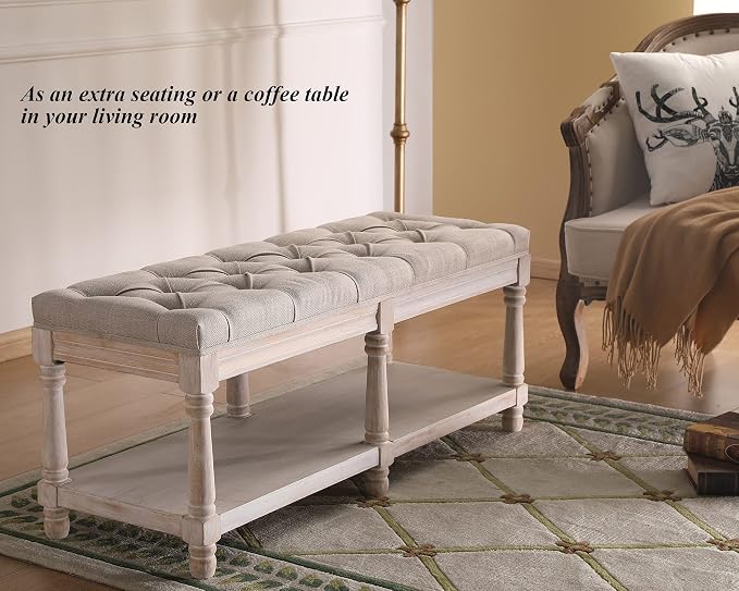 Mid Century Tufted Storage Bench with Shelf, Linen Upholstered Farmhouse Entryway Shoe Bench Ottoman Bed End Stool with Padded Seat, Rustic Bench for Bedroom Living Room Dining Room, Beige - Image 5