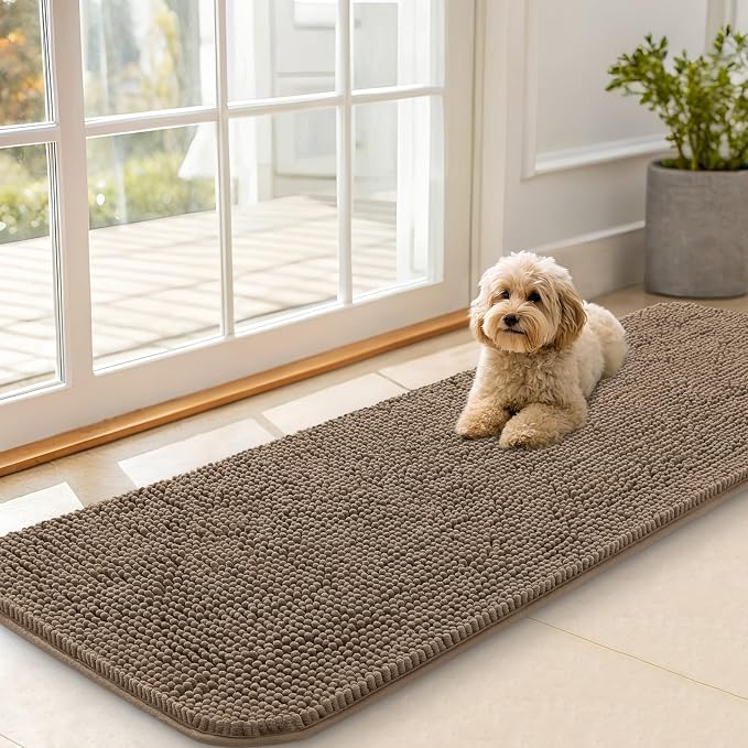 OLANLY Dog Door Mat for Muddy Paws 59x20, Absorbs Moisture and Dirt, Absorbent Non-Slip Washable Doormat, Quick Dry Chenille Mud Mat for Dogs, Entry Indoor Entryway Carpet for Inside Floor, Tan by OLANLY