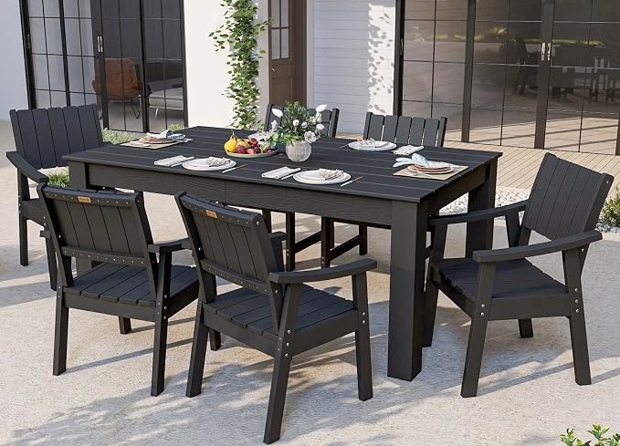 ZHUSI Patio Table and Chairs Set, Outdoor Table and Chairs,HDPE Outdoor Dining Set with Umbrella Hole for Backyard, Poolside, Porch (Black, 7 PC) - Image 3