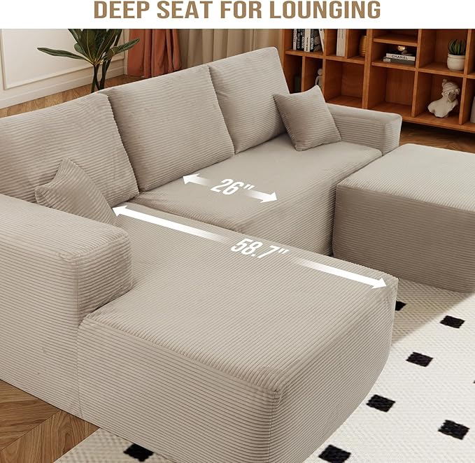 Rovibek 105” Modular Sectional Sofa with Chaise, Boneless Couches for Living Room with Deep Seat & Throw Pillow, Comfy Corduroy Fabric U Shaped Couch, No Assembly Required, Camel