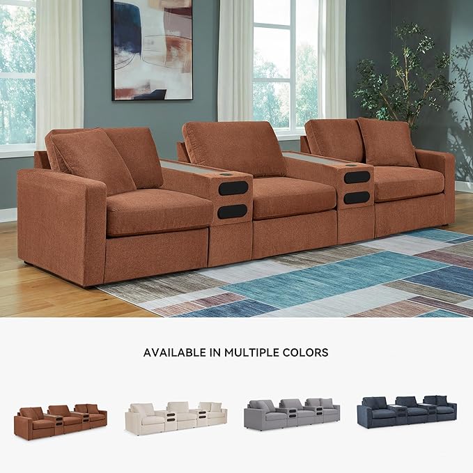Signature Design by Ashley Modmax Contemporary Stain Resistant 5-Piece Sectional with Audio Consoles, Armrest, Throw Pillows, Reversible Cushions and USB Port, Orange