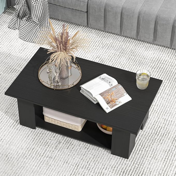 Giantex Rectangle Wood Center Table, 41 Inch 2-Tier Large Modern Tea Table w/Open Compartment, Easy Assembly, Accent Coffee Table for Living Room, Reception Room, Black