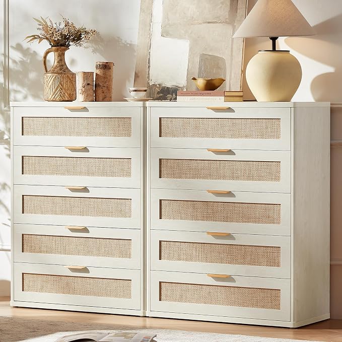 LEYAOYAO Rattan Dresser for Bedroom Set 2, 41" Tall Chest of Drawers, Modern 5 Drawers Boho Dressers with Storage, Light Oak Dresser Wooden Closet Organizer for Living Room, Hallway, Grey White - Image 8