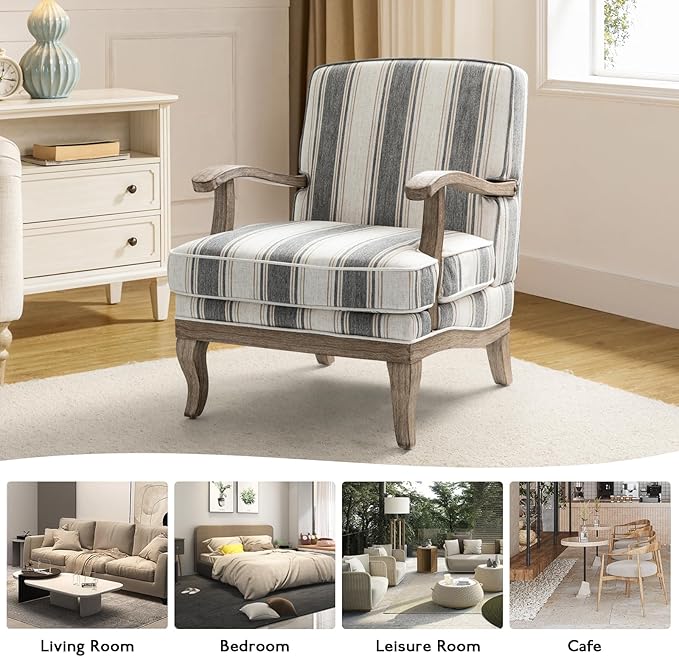 HULALA HOME Upholstered Accent Chair, Mid-Century Modern Striped Chair with Graceful Curves and Wooden Legs, Comfy Lounge Armchair Striped Accent Chairs for Living Room, Bedroom (Stripe)